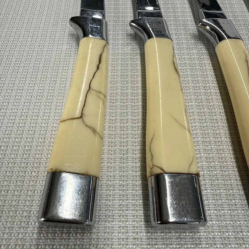 Set of 4 Vintage Briddell Steak Knifes Cream Handle MCM Kitchen w/ knife caddy